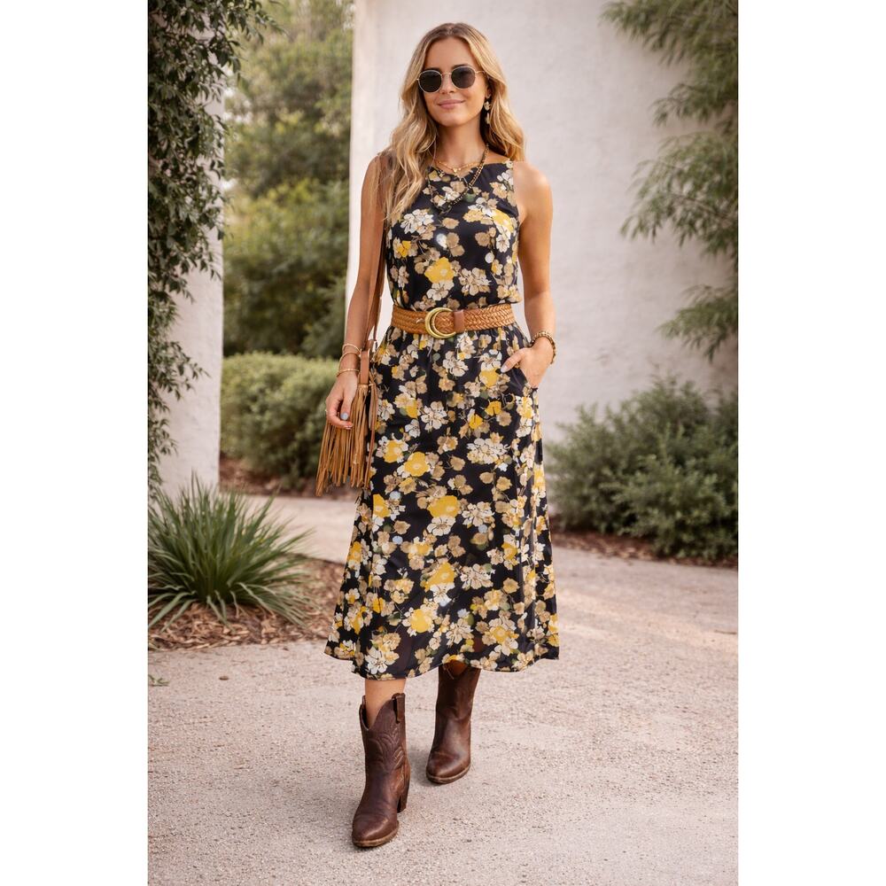 Natural Life Boho Floral Maxi Dress Black Yellow Festival Cottagecore Size L/XL